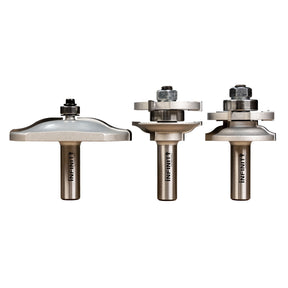 3-piece ogee cabinet door router bit set for woodworking, shown on white background