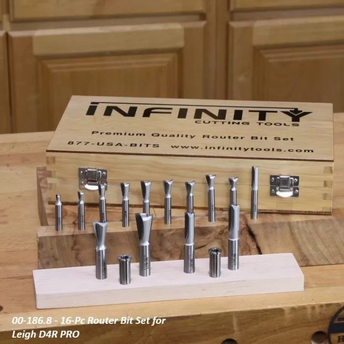 16-piece router bit set for Leigh D4R PRO displayed in front of a wooden storage case