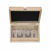Woodworking router bit set in a wooden case, ideal for precision woodworking tools