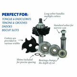 Router table cutter set with arbors, bearings, shims, and blades for dado, tongue, groove joints.