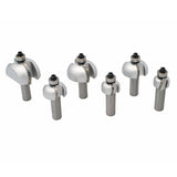 Set of six metal roundover router bits with ball bearings, displayed on white background.