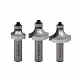Set of three roundover router bits with ball bearings for woodworking projects