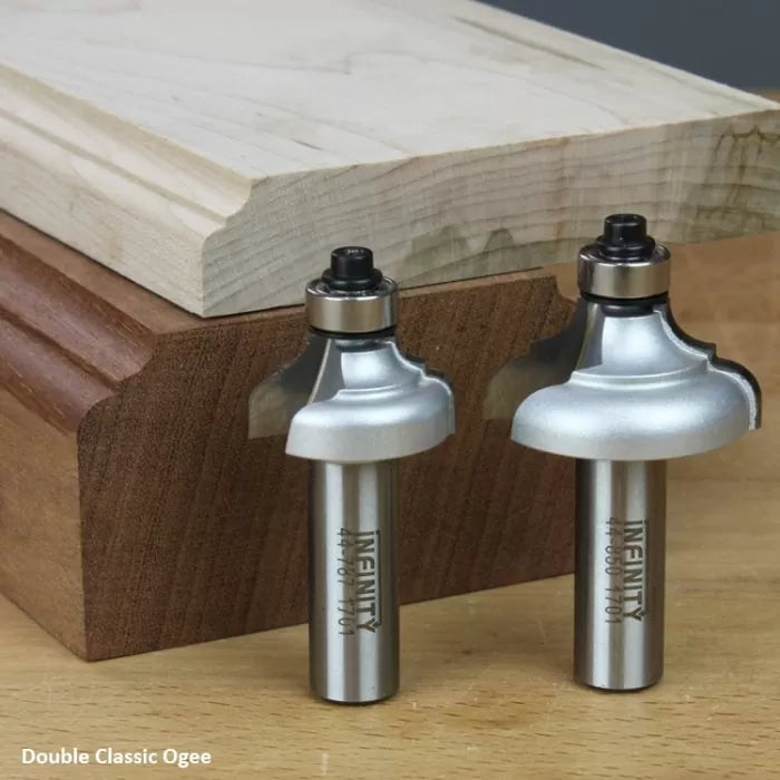 Double classic ogee router bits with ball bearing, shown beside a decorative wood edge