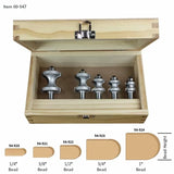 Woodworking beading router bit set in wooden case with five sizes, includes bead profile diagram.