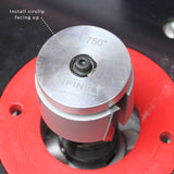 Close-up of a router lift insert with a 1.750 inch diameter spindle and circlip installation guidance.