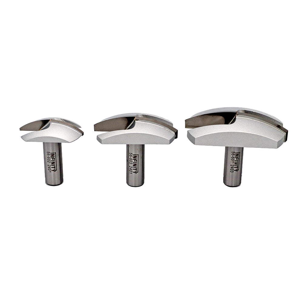 Set of three silver woodworking slot cutter router bits on white background