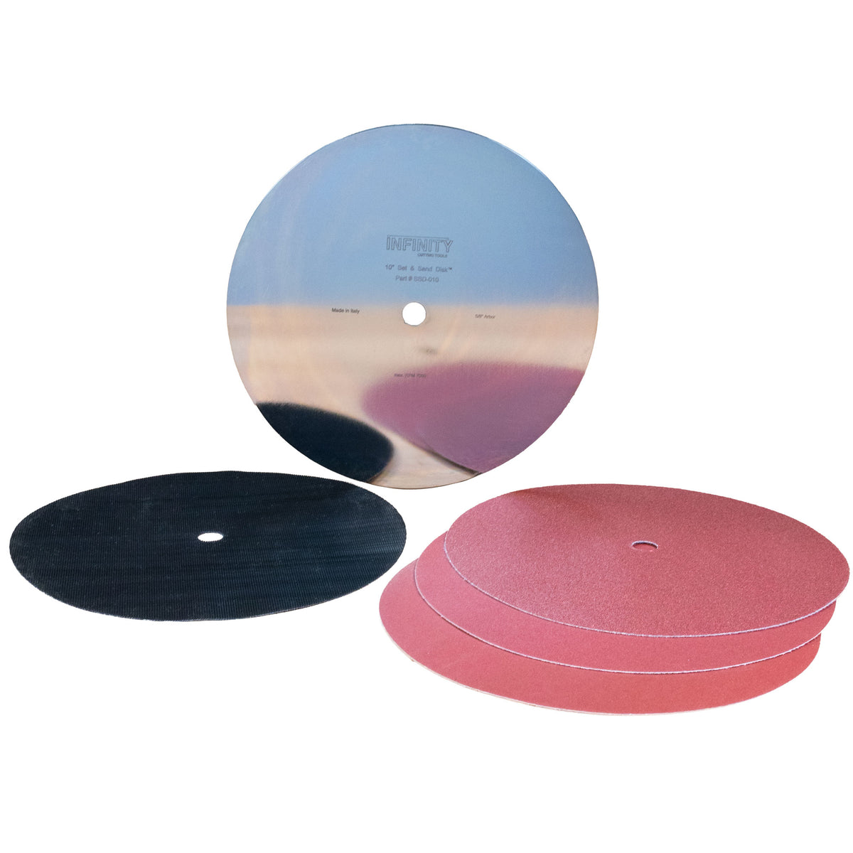 Metal sanding disc plate, hook and loop attachment and 3 sanding discs on white background.