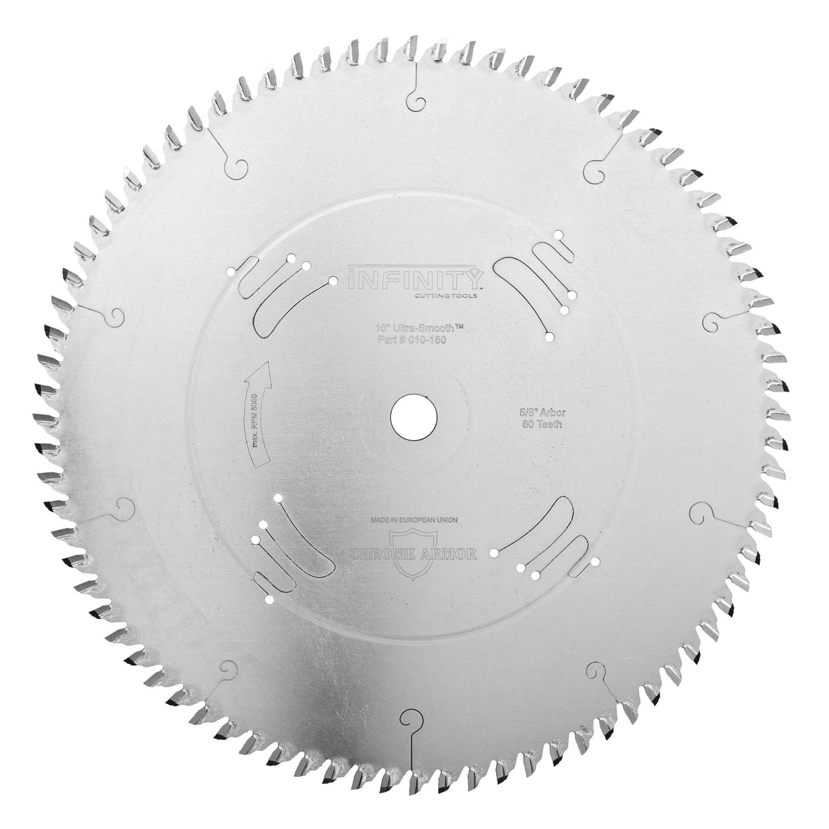 Infinity Tools 10-inch 80-tooth ultra-smooth crosscut saw blade, face view, on a white background