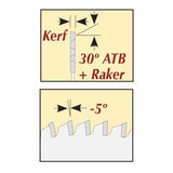 Saw blade tooth diagram showing 30-degree ATB with raker and -5 degree hook angle for woodworking