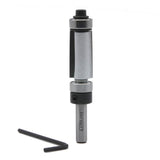 Carbide router bit with bearing and hex key for woodworking, isolated on white background.