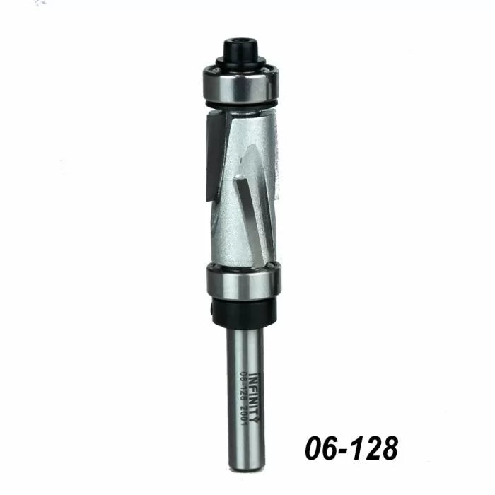 Up-cut spiral flush trim router bit with ball bearings, shown vertically on white background, 06-128.