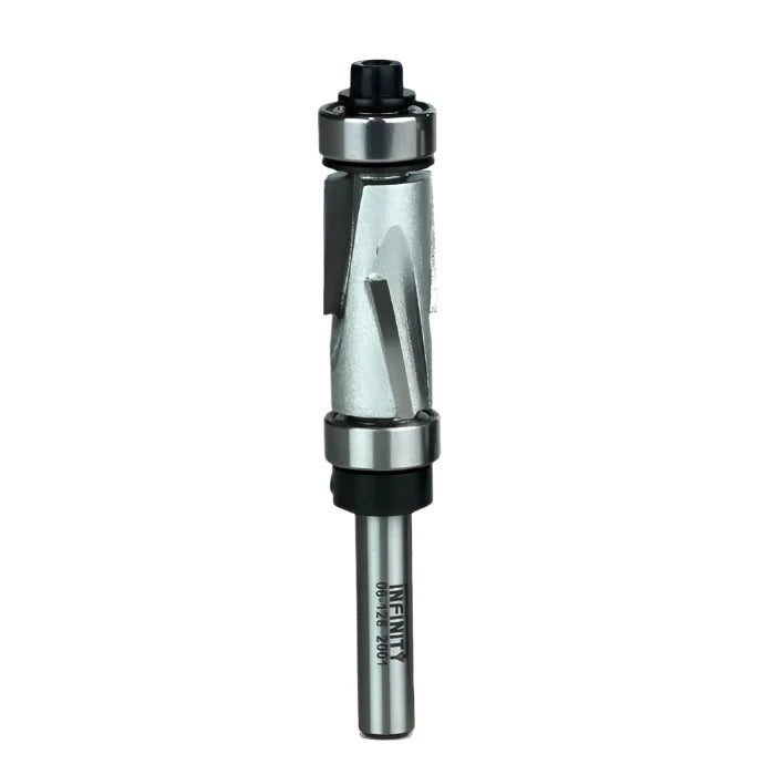 Double bearing flush trim router bit for woodworking, isolated on white background