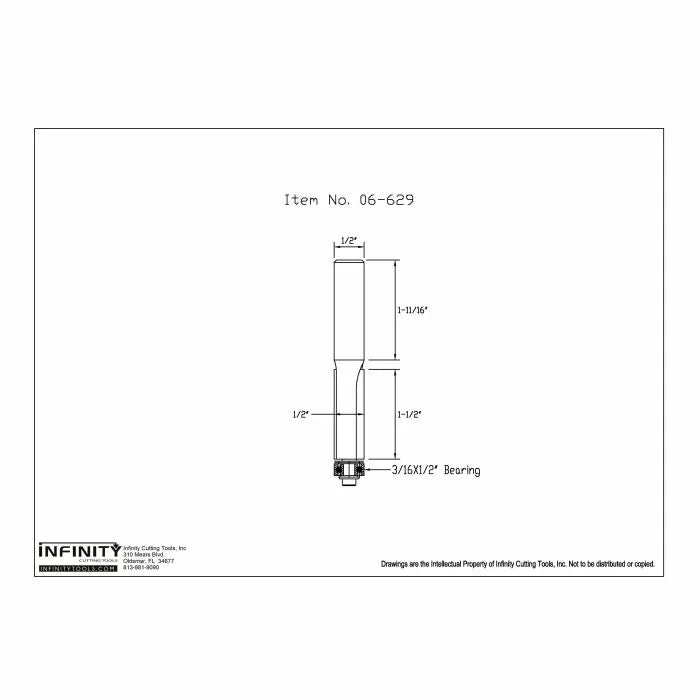 Technical drawing of straight router bit with dimensions and 3/16 x 1/2 inch bearing.