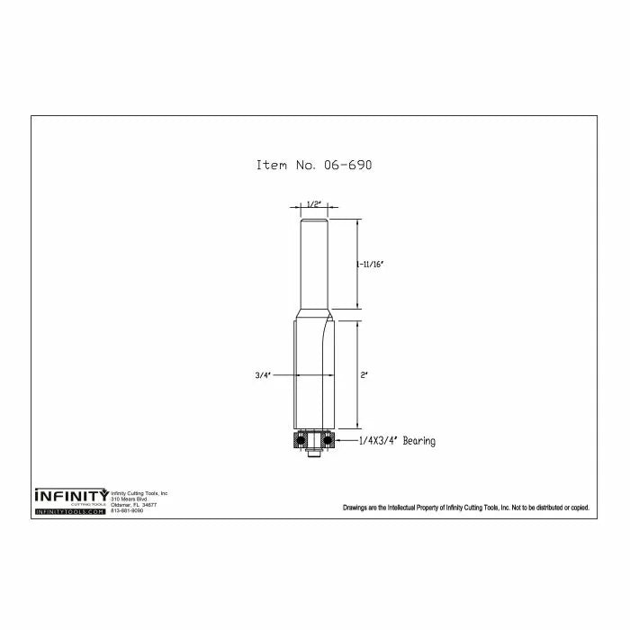 Technical drawing of a straight router bit with measurements and bearing details.
