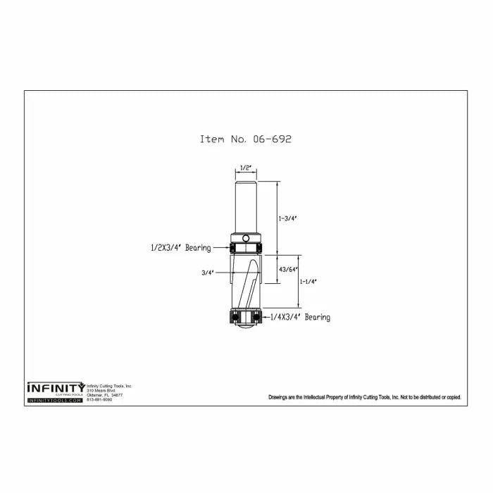 Technical drawing of a woodworking router bit with detailed measurements and bearings, item 06-692.