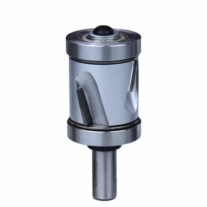 Helical flush trim router bit with dual bearings for woodworking precision