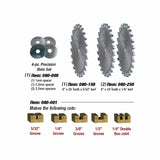 Table saw blade set with precision shims for making grooves and box joints in woodworking.