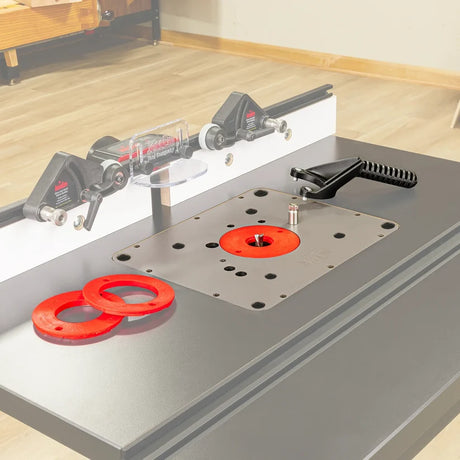 JessEm Router table insert plate in a router table.