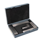 Precision woodworking square set in foam-lined plastic case on white background