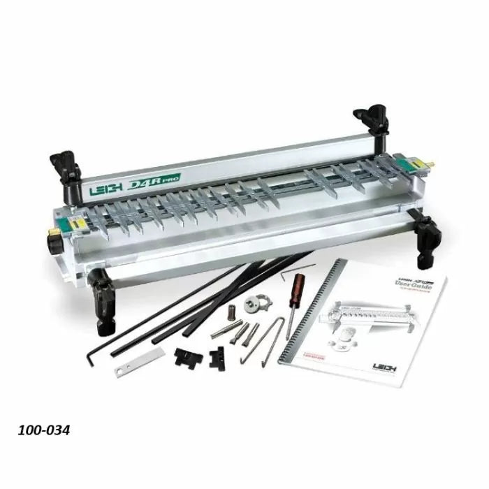 Leigh D4R Pro dovetail jig with accessories, woodworking tools, and user guide