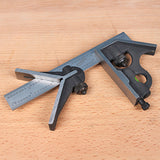 Combination square and miter square on wooden surface, woodworking measuring tools