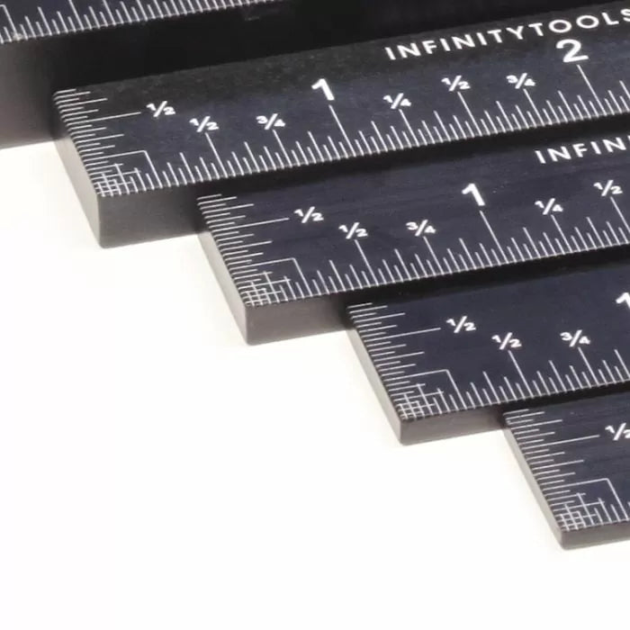 Set of precision aluminum woodworking rulers with clear inch markings