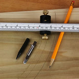 Circle cutting jig with ruler, pencil, and marking blades on wood for woodworking precision