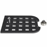 Router mortising jig with black grid pattern plate and metal guide bushing for woodworking.