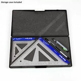 Woodworking square set with rulers, pencils, and marker in foam-padded storage case