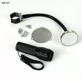 Woodworking router table inspection kit with flexible mirror, flashlight, screws, and plate