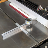 Digital measuring gauge setup on a table saw to measure table saw fence straightness.