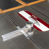 Digital measuring gauge setup with a setup plate for the table saw blade to measure blade straightness.