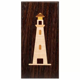 Wood inlay lighthouse design on a dark rectangular wood plaque, woodworking project example