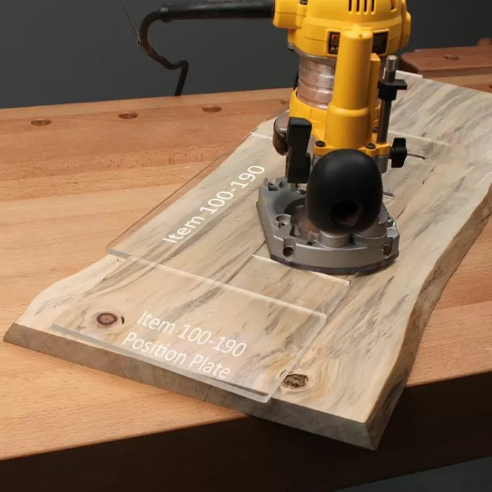 Router with clear position plate for woodworking on live edge wood slab, workbench setting