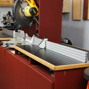 Miter saw workstation with aluminum fence and stop block for precise woodworking cuts