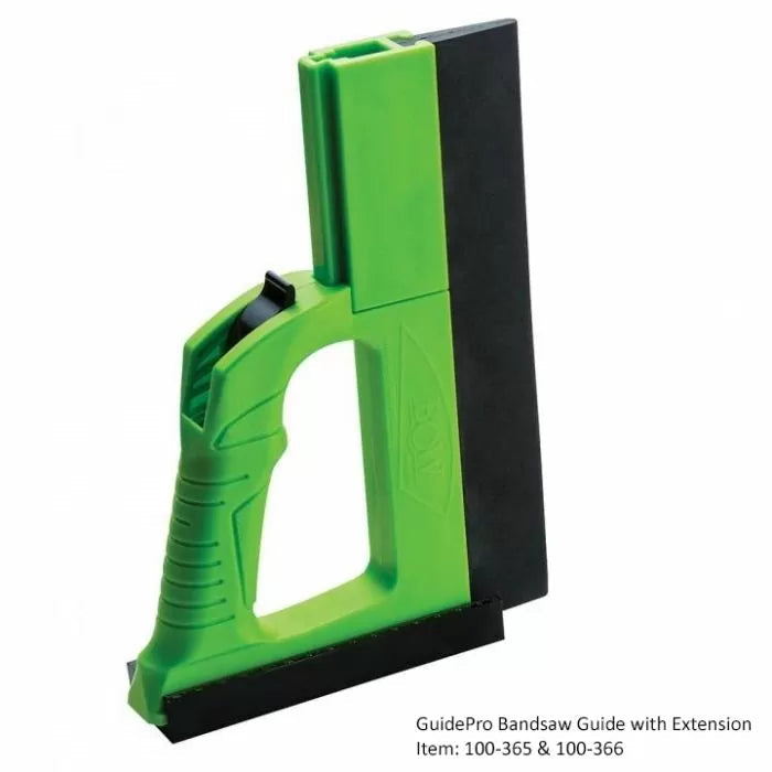 GuidePro Bandsaw Guide with green handle and black extension for precise woodworking cuts