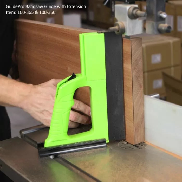 GuidePro bandsaw guide with extension in use for straight wood cutting on bandsaw