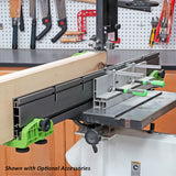 Band saw fence system with clamps and wood, woodworking tools in background