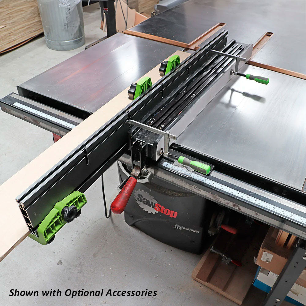 Table saw setup with precision fence, guide rail, and clamped wood for woodworking