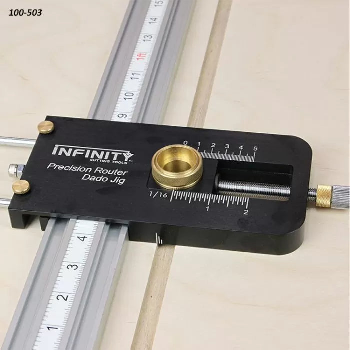 Precision router dado jig on guide rail with measurement markings for woodworking