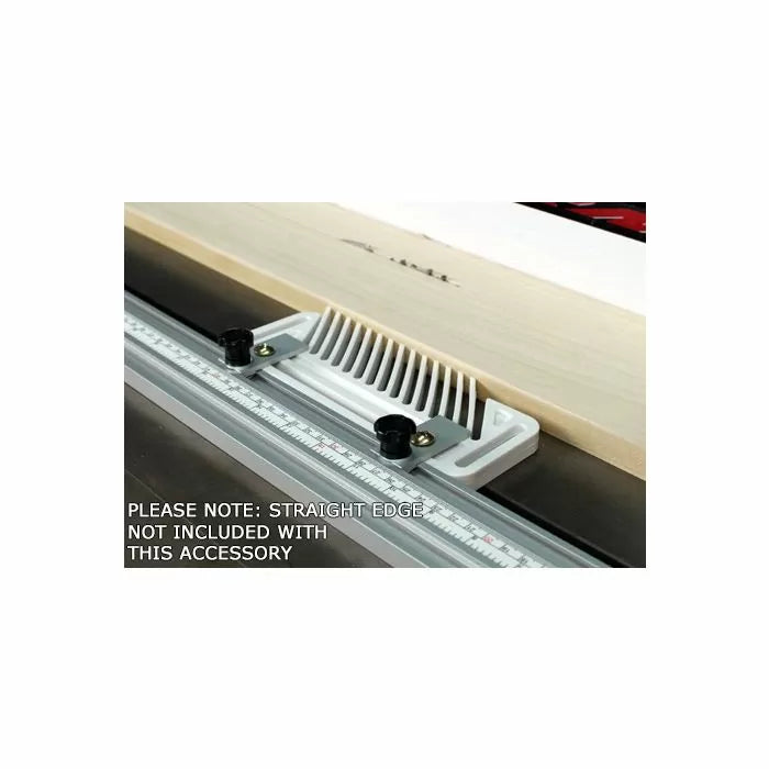 Table saw featherboard accessory with adjustment knobs installed on a metal guide rail
