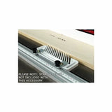 Table saw featherboard accessory with adjustment knobs installed on a metal guide rail