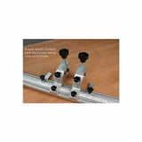 Aluminum woodworking fence accessory with adjustable stops on a ruler, clamps not included.