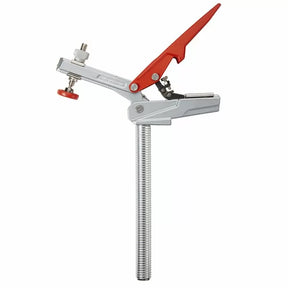 Toggle clamp with red handle and threaded rod for woodworking projects