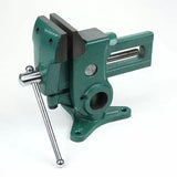 Heavy-duty green woodworking bench vise with swivel base and handle, isolated on white background.