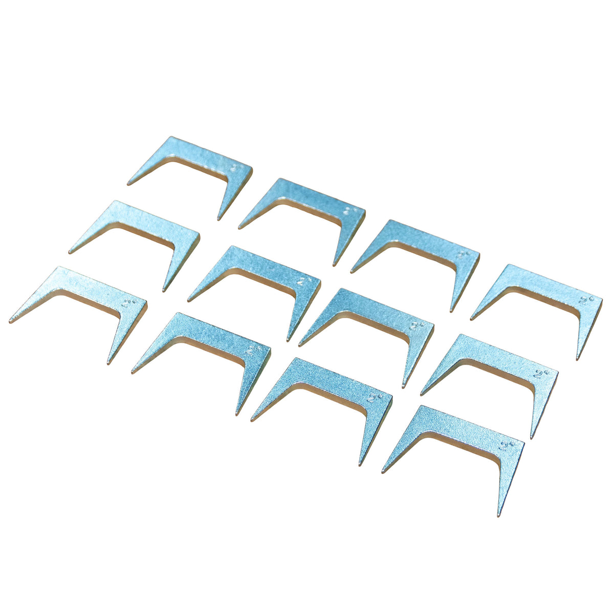 Set of twelve metal pinch dogs for woodworking on a white background