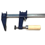 Heavy-duty woodworking bar clamp with blue steel frame and wooden handle
