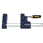 Irwin woodworking parallel bar clamp with blue pads and yellow handle