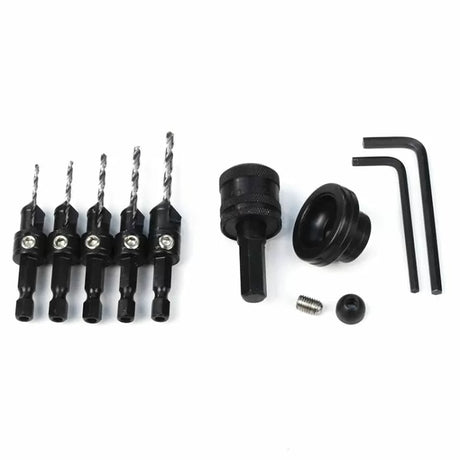 Woodworking countersink drill bit set with hex shank, driver, and hex keys on white background