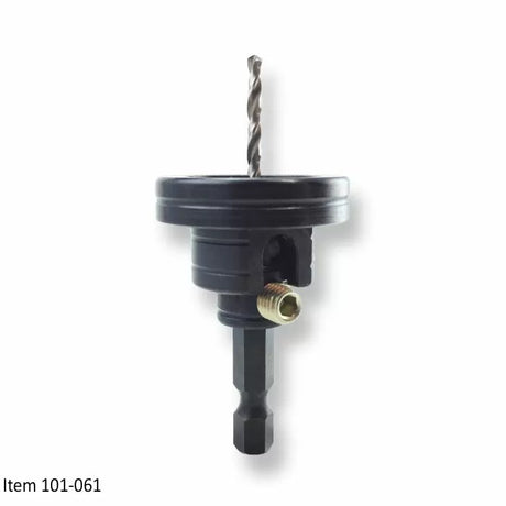 Replacement drill bit and arbor for woodworking hole saw, shown close-up on white background